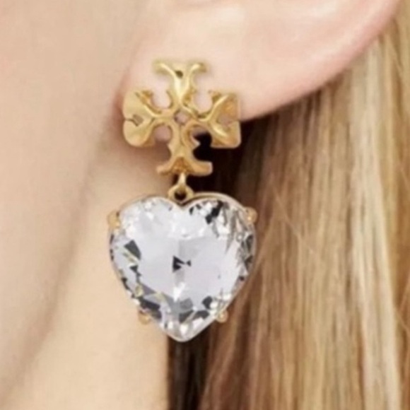 🆕 Tory Burch Authentic Roxanne Crystal Clear Heart Drop Earrings - Picture 3 of 15